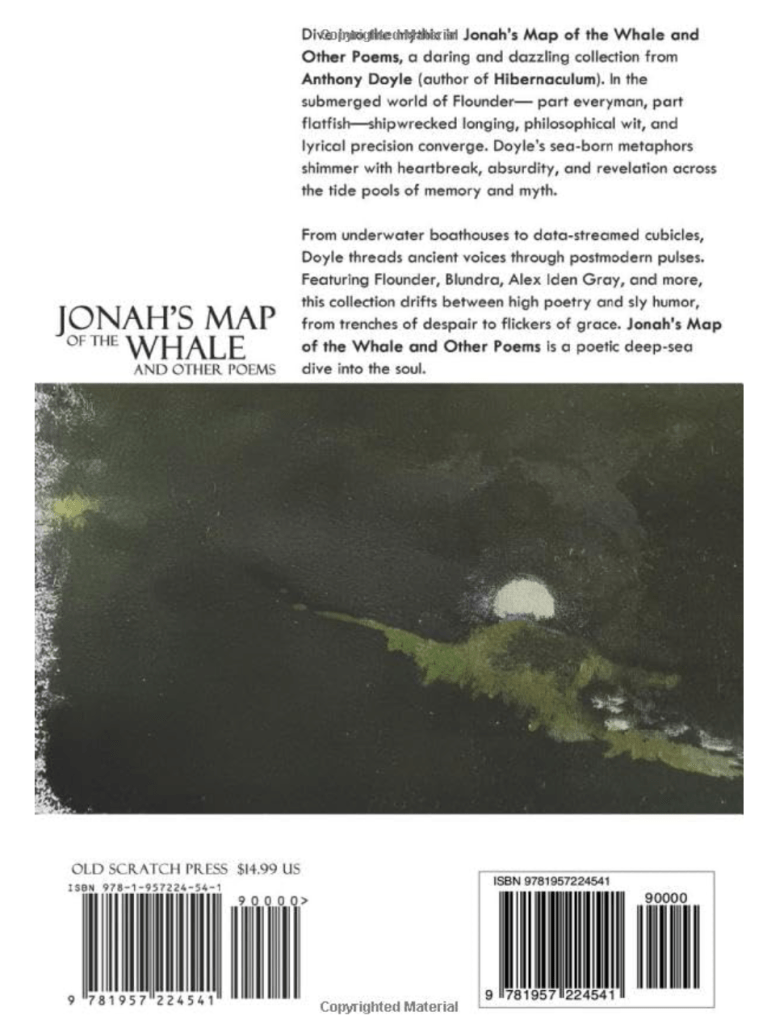 Back cover of the book 'Jonah's Map of the Whale and Other Poems' featuring a dark, abstract watercolor design with a luminous circle representing the moon.